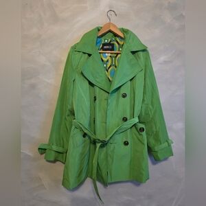 Metrostyle Vibrant green double-breasted trench coat colorful Liner Sz 10 Vtg